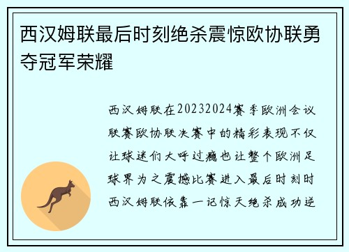 西汉姆联最后时刻绝杀震惊欧协联勇夺冠军荣耀 西汉姆联最后时刻绝杀震惊欧协联勇夺冠军荣耀